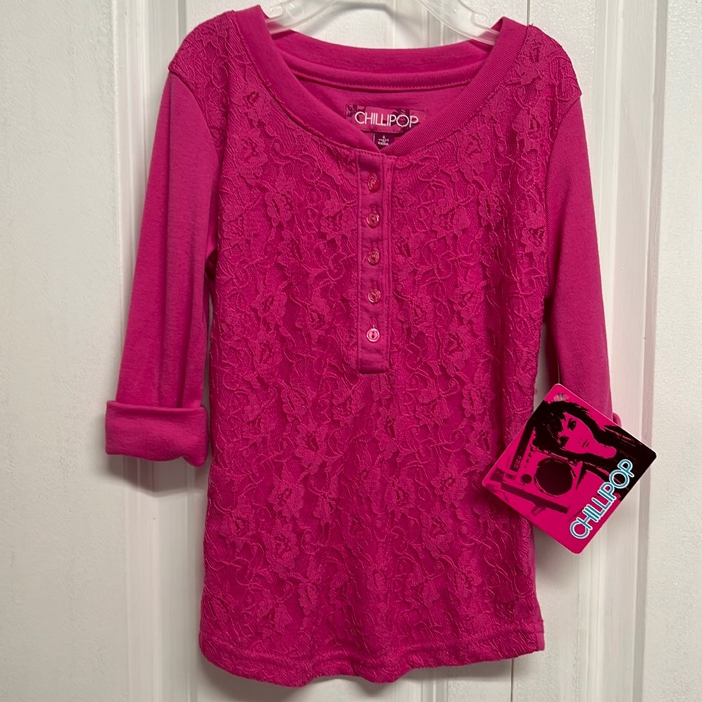 Chillipop Pink Floral Lace Front Mid Sleeve Top Girls Child Size S NWT
